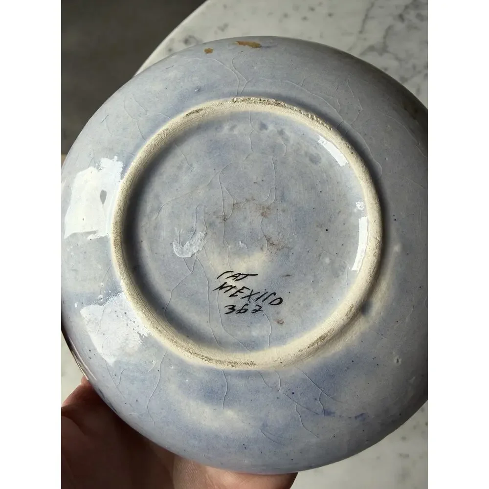 Handmade Ceramic Tonala Blue Brown White Glossy Floral Candle Holder Mexico 362